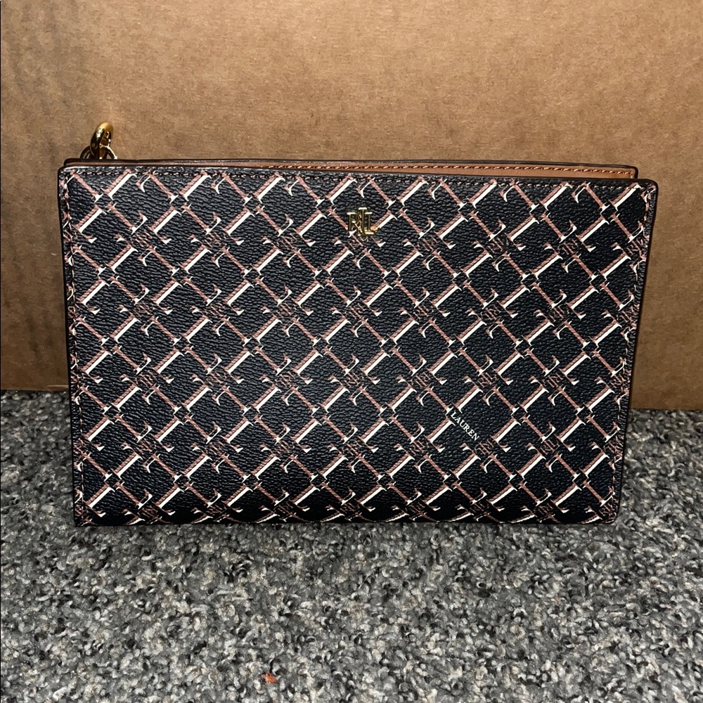 Lauren Ralph Lauren Black Wristlet Clutch with Pink Logo Pattern